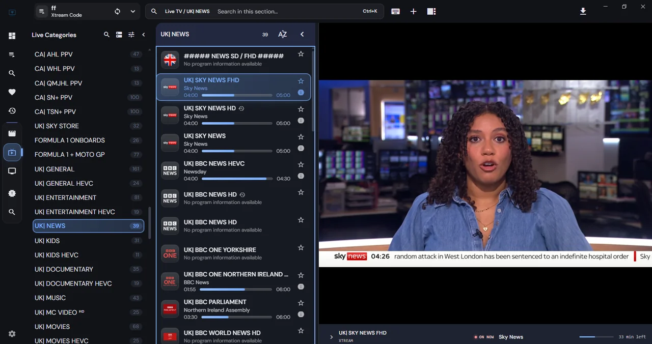 Sky News, BBC News 24, and International News Feeds